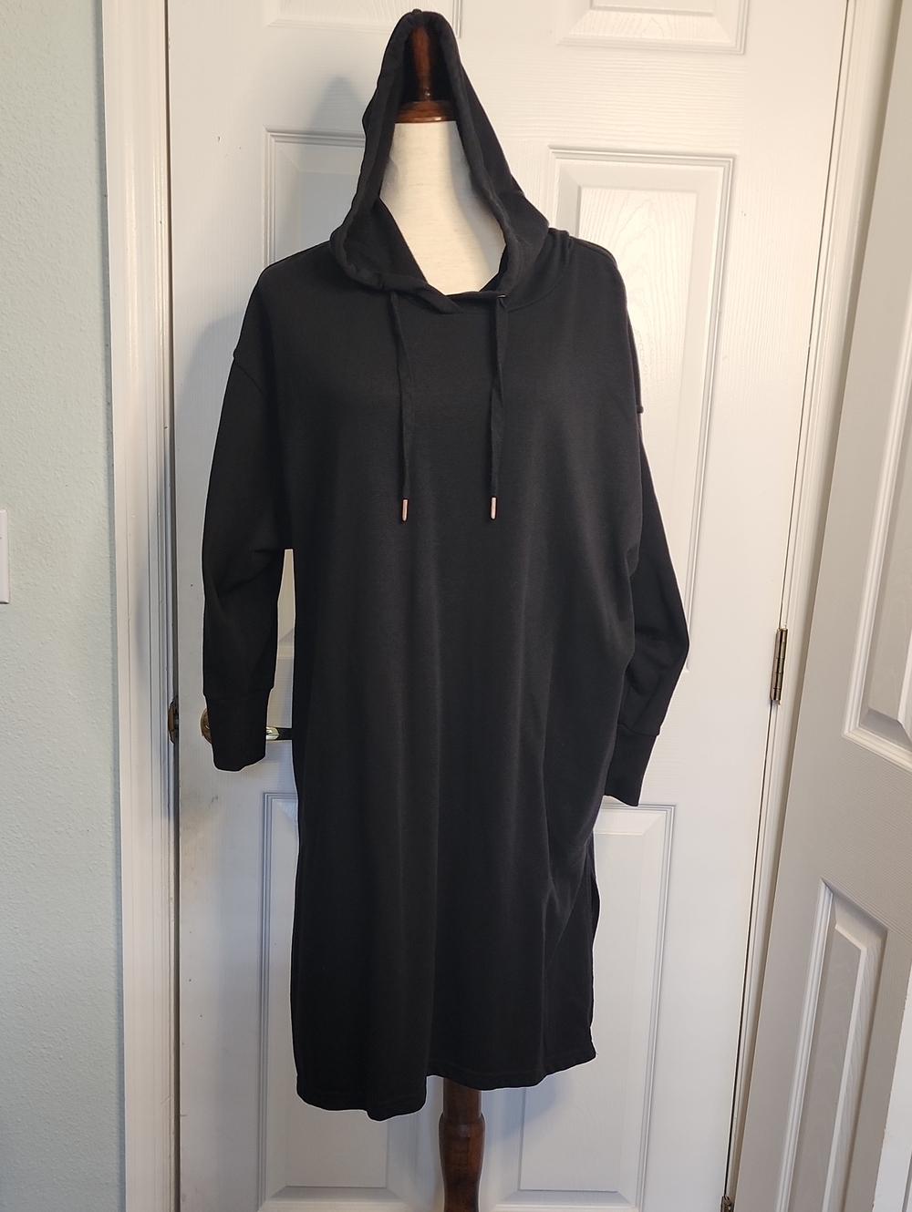 Black Hooded Midi Dress with Drawstring - Women's Casual Wear